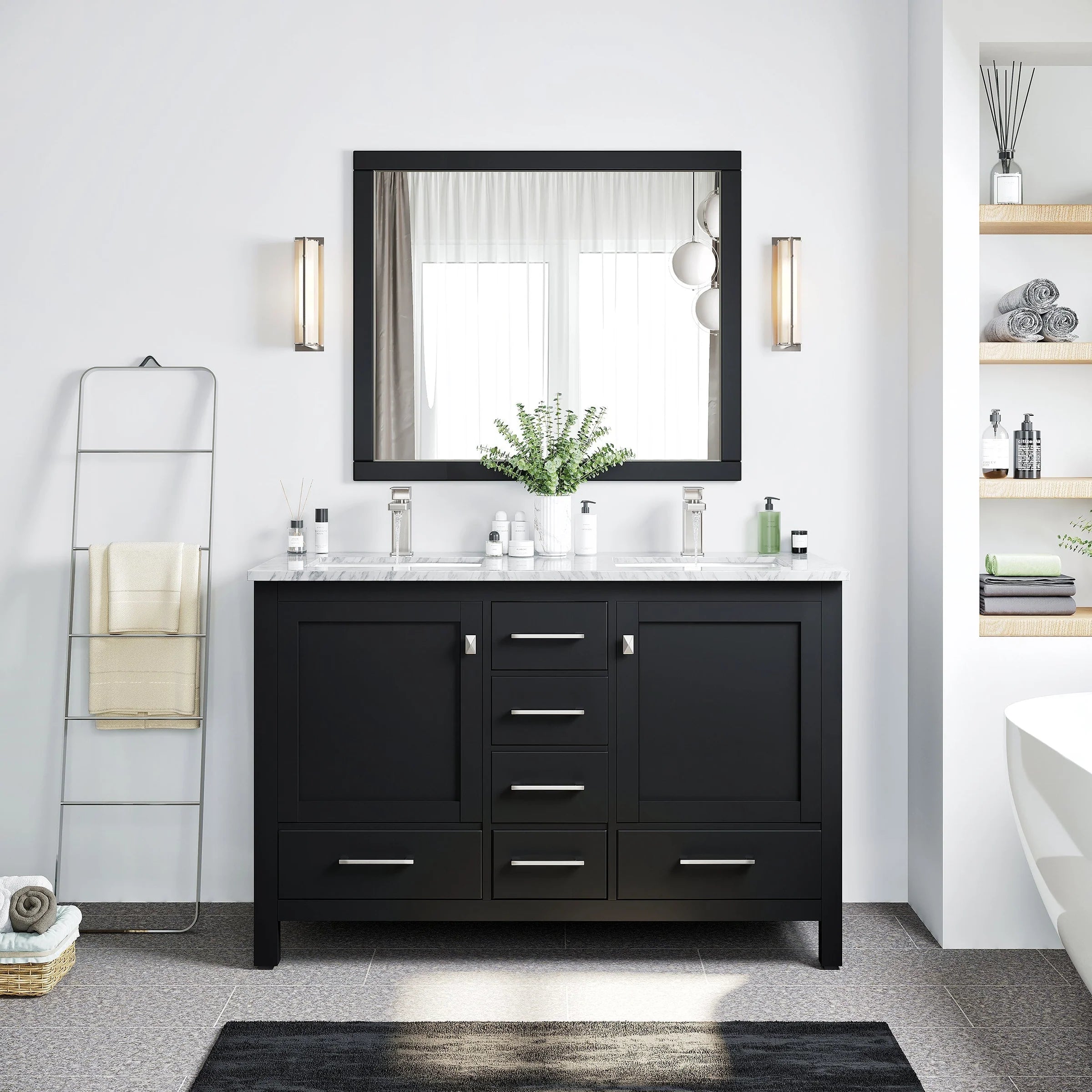 Eviva London Espresso/ Gray/ White Transitional Double Sink Bathroom Vanity with White Carrara Marble Countertop and Undermount Porcelain Sinks