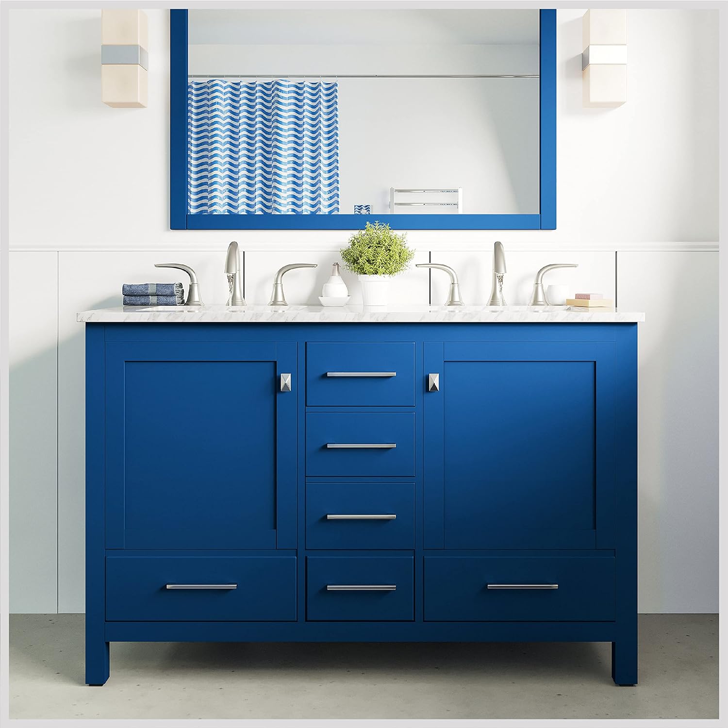 Eviva Aberdeen Collection - Blue/ Espresso/ Gray/ White Transitional Double Sink Bathroom Vanity w/ White Carrara Top