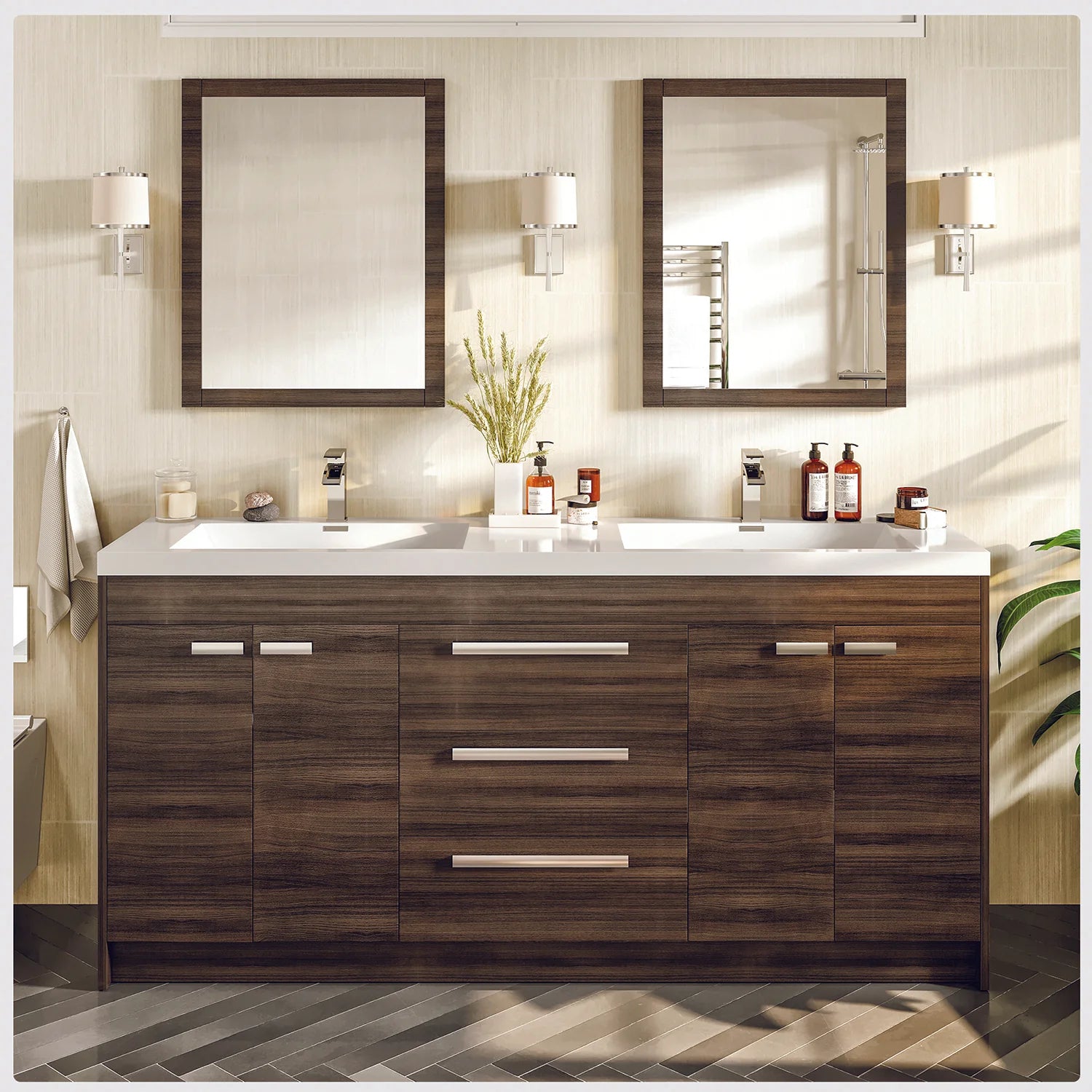 Eviva Lugano 72" Gray Oak Modern Double Sink Bathroom Vanity w/ White Integrated Top