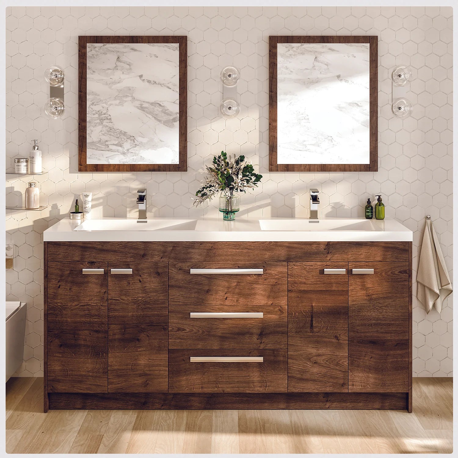 Eviva Lugano 72" Rosewood Modern Double Sink Bathroom Vanity w/ White Integrated Top