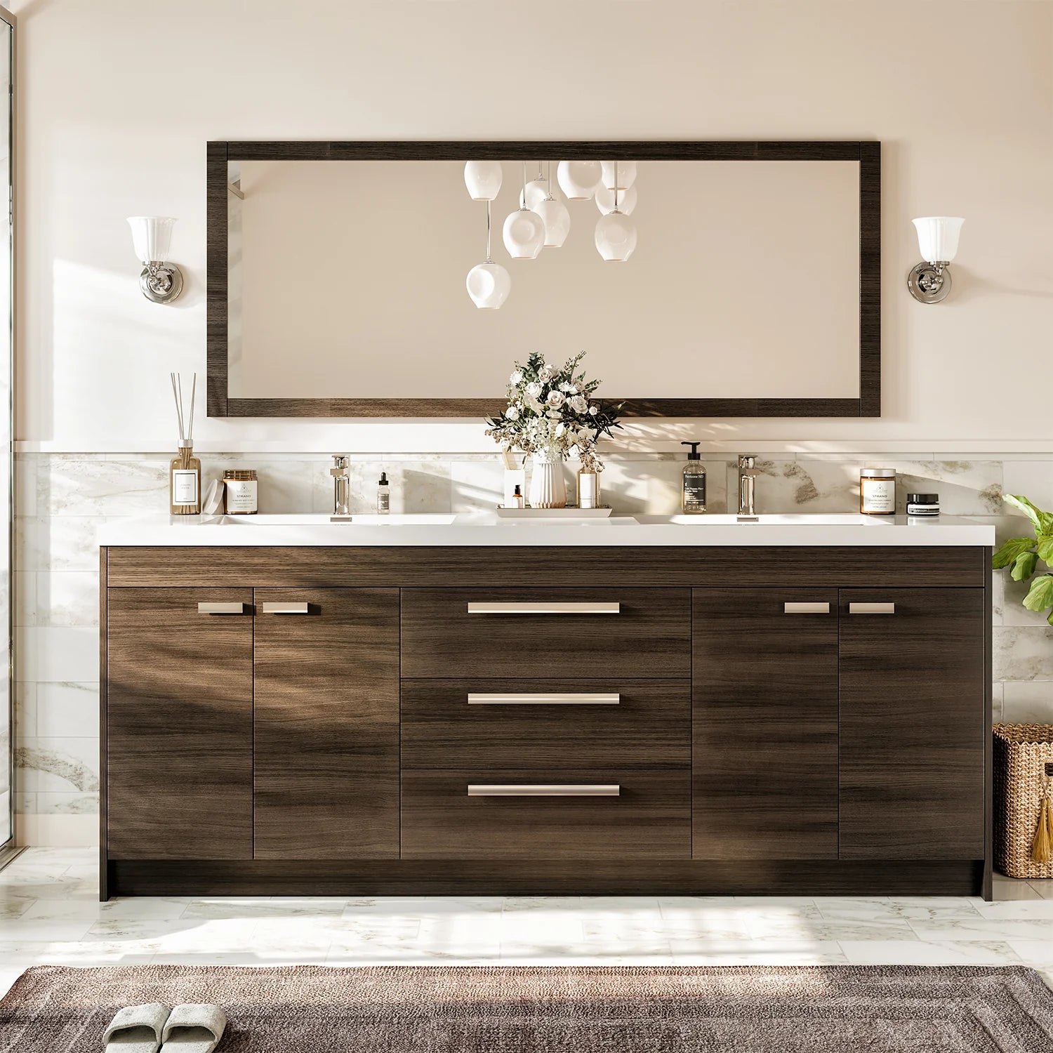 Eviva Lugano 84" Gray Oak Modern Double Sink Bathroom Vanity w/ White Integrated Top