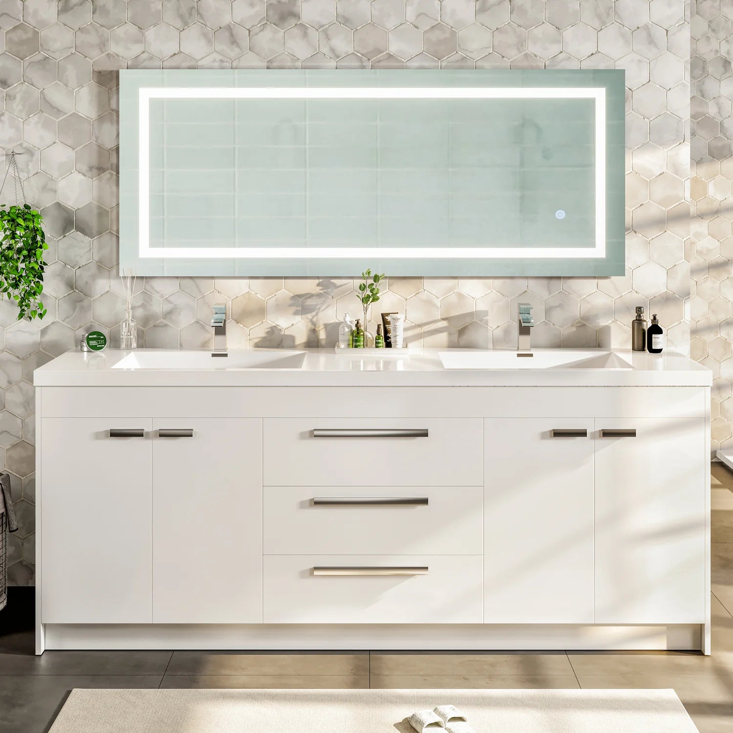 Eviva Lugano 84" White Modern Double Sink Bathroom Vanity w/ White Integrated Top