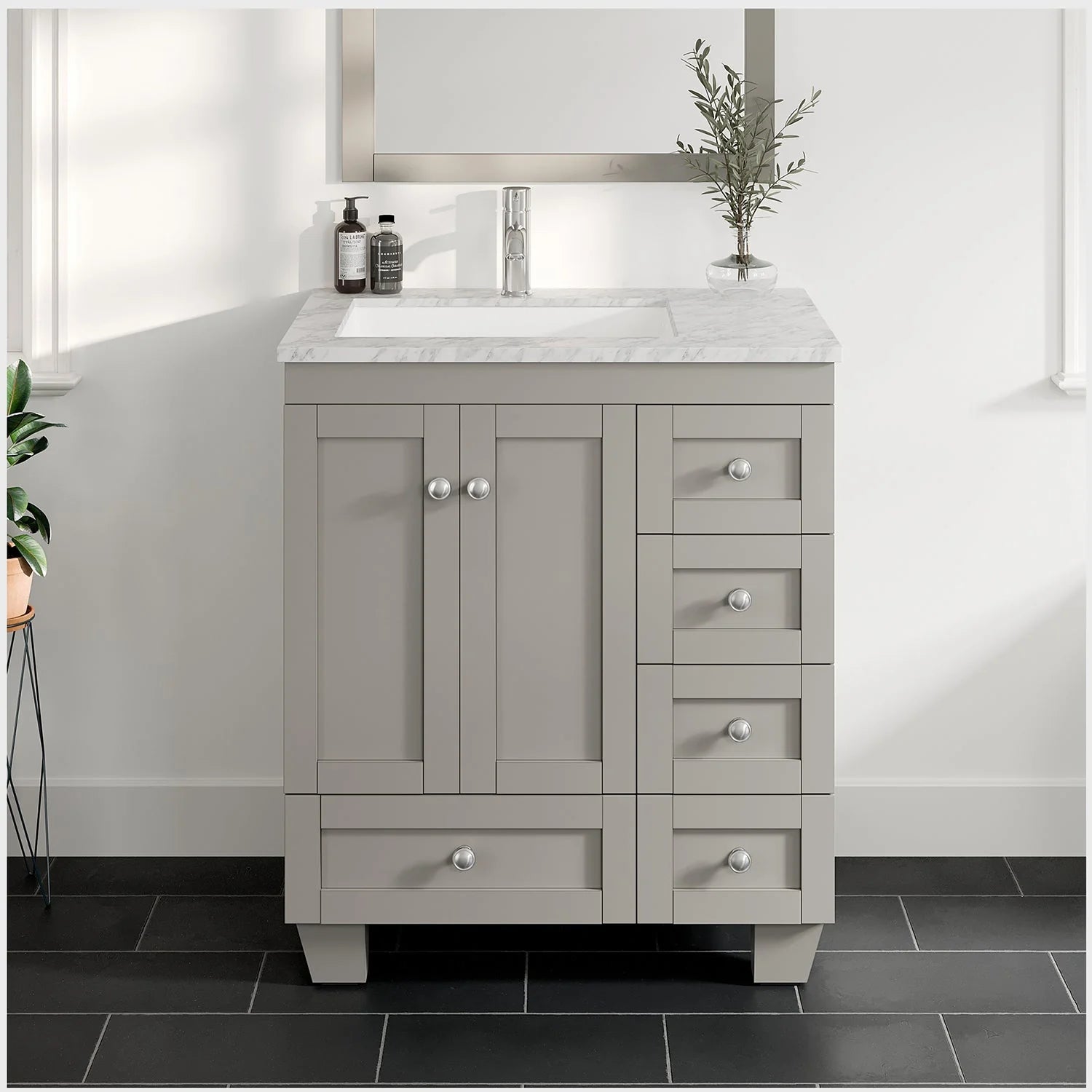 Eviva Happy  28" x 18" Transitional Grey Bathroom Vanity with white carrera marble counter-top