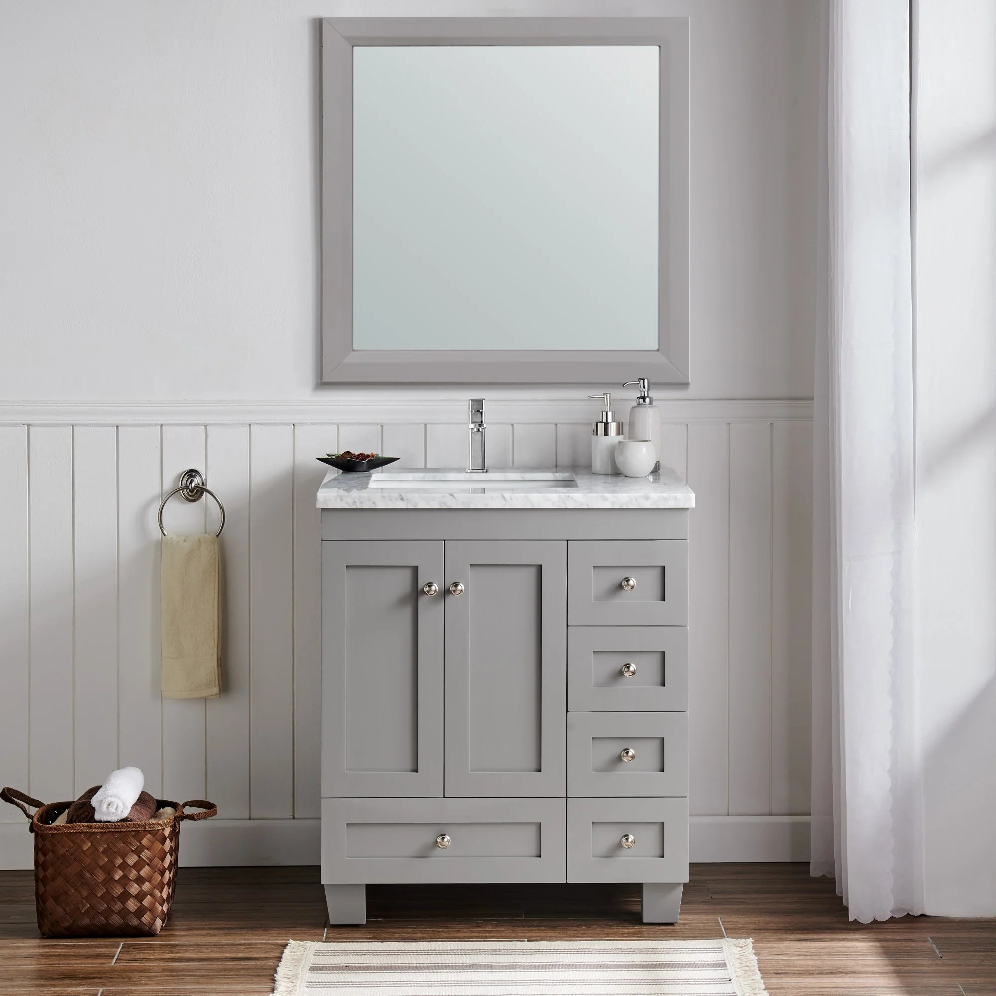 Eviva Happy  30" x 18" Transitional Grey/ White Bathroom Vanity with white carrera marble counter-top