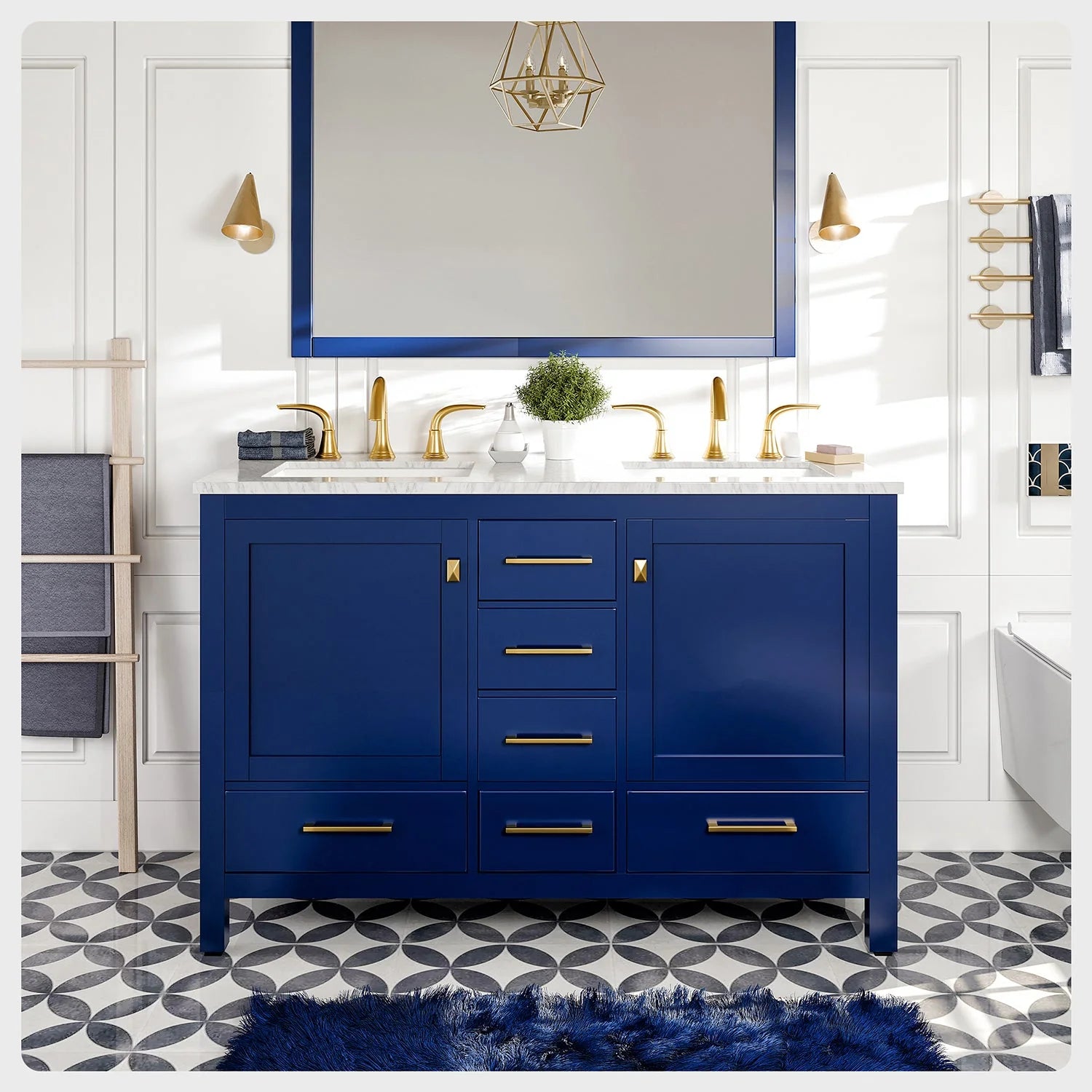 Eviva Aberdeen 48" Blue Transitional Double Sink Bathroom Vanity w/ White Carrara Top & Gold Handles