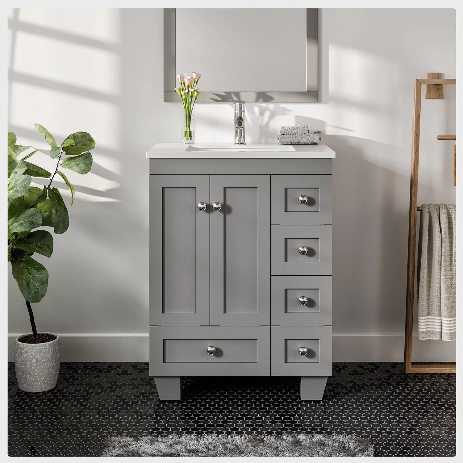 Eviva Acclaim 24" Gray/ White Transitional Bathroom Vanity w/ White Quartz Top