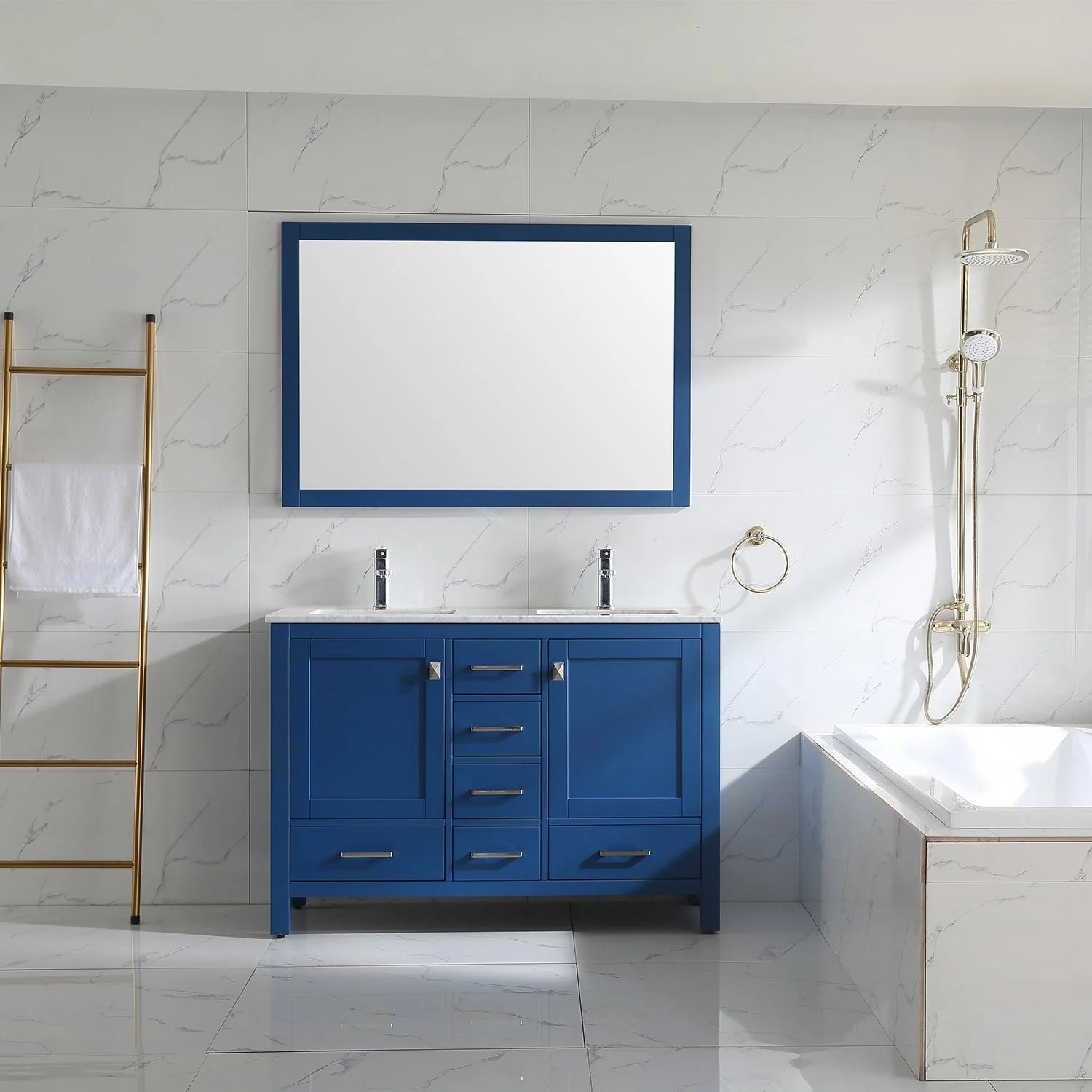 Eviva London 48" x 18" Blue Transitional Double Sink Bathroom Vanity w/ White Carrara Top