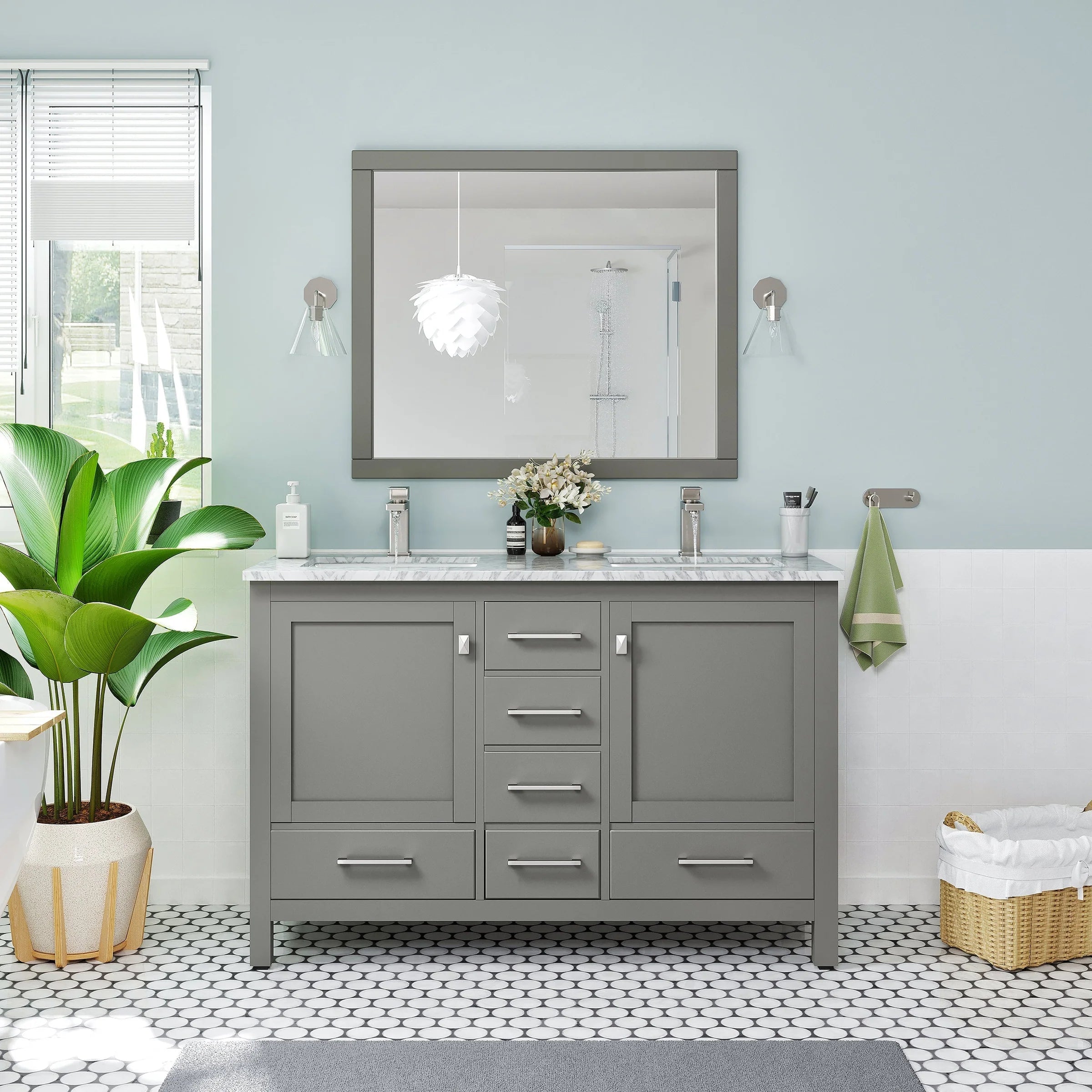 Eviva London Espresso/ Gray/ White Transitional Double Sink Bathroom Vanity with White Carrara Marble Countertop and Undermount Porcelain Sinks