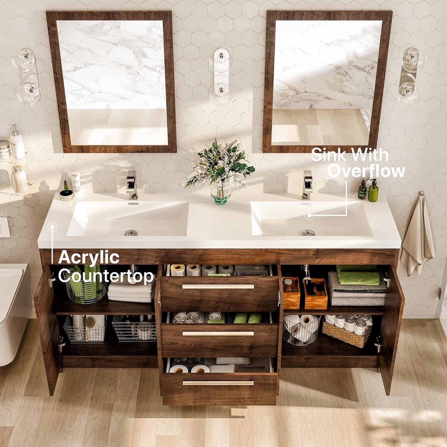 Eviva Lugano 60" Rosewood Modern Double Sink Bathroom Vanity w/ White Integrated Top