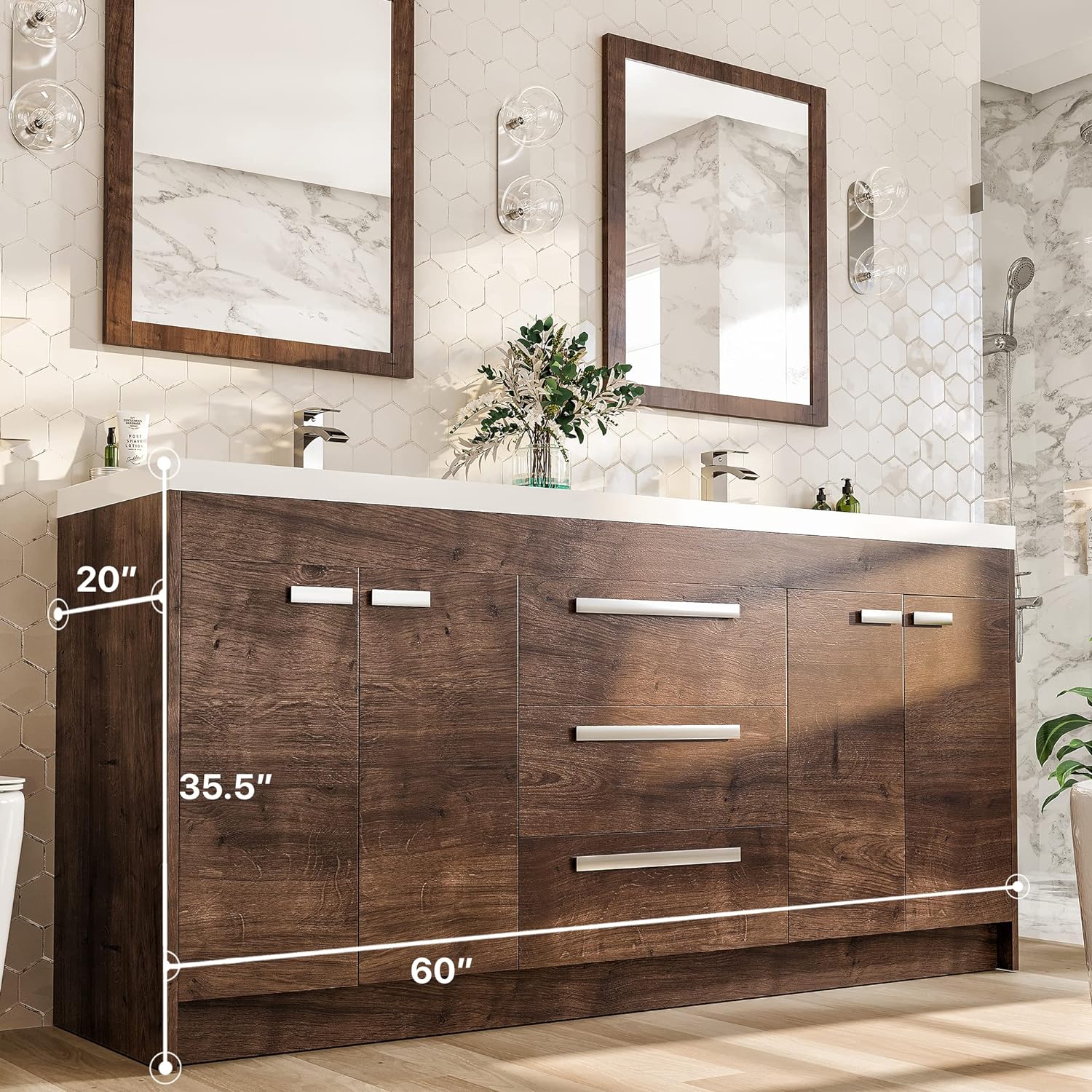 Eviva Lugano 60" Rosewood Modern Bathroom Vanity Wall Mount with White Integrated Acrylic Double Sink