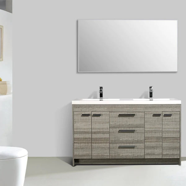 Eviva Lugano 60" Ash Modern Double Sink Bathroom Vanity w/ White Integrated Top