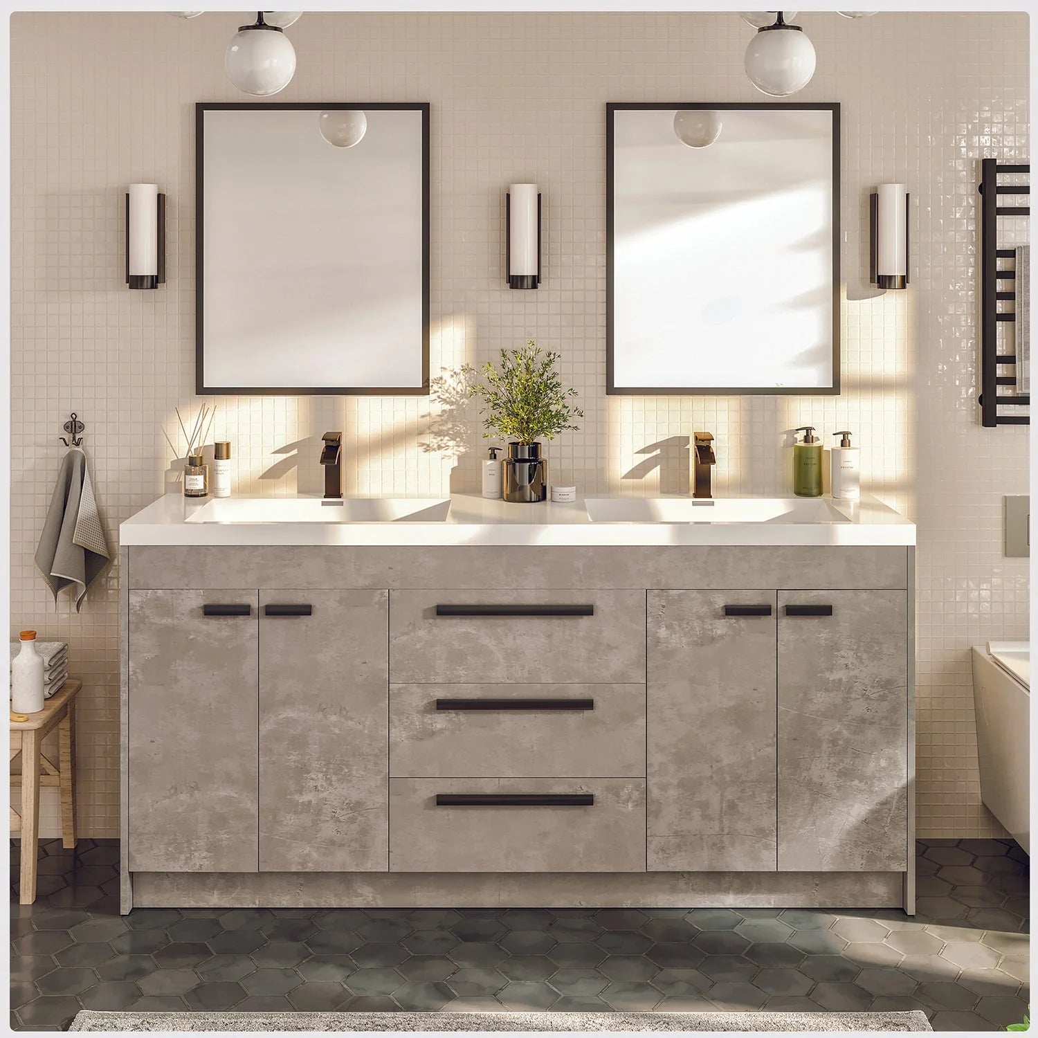 Eviva Lugano 60" Ash Modern Double Sink Bathroom Vanity w/ White Integrated Top