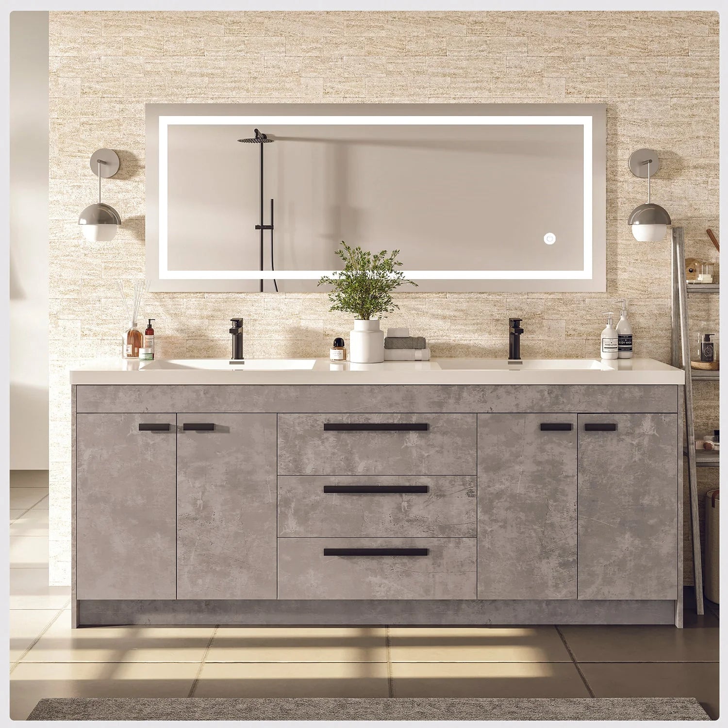 Eviva Lugano 72" Cement Gray Modern Double Sink Bathroom Vanity w/ White Integrated Top