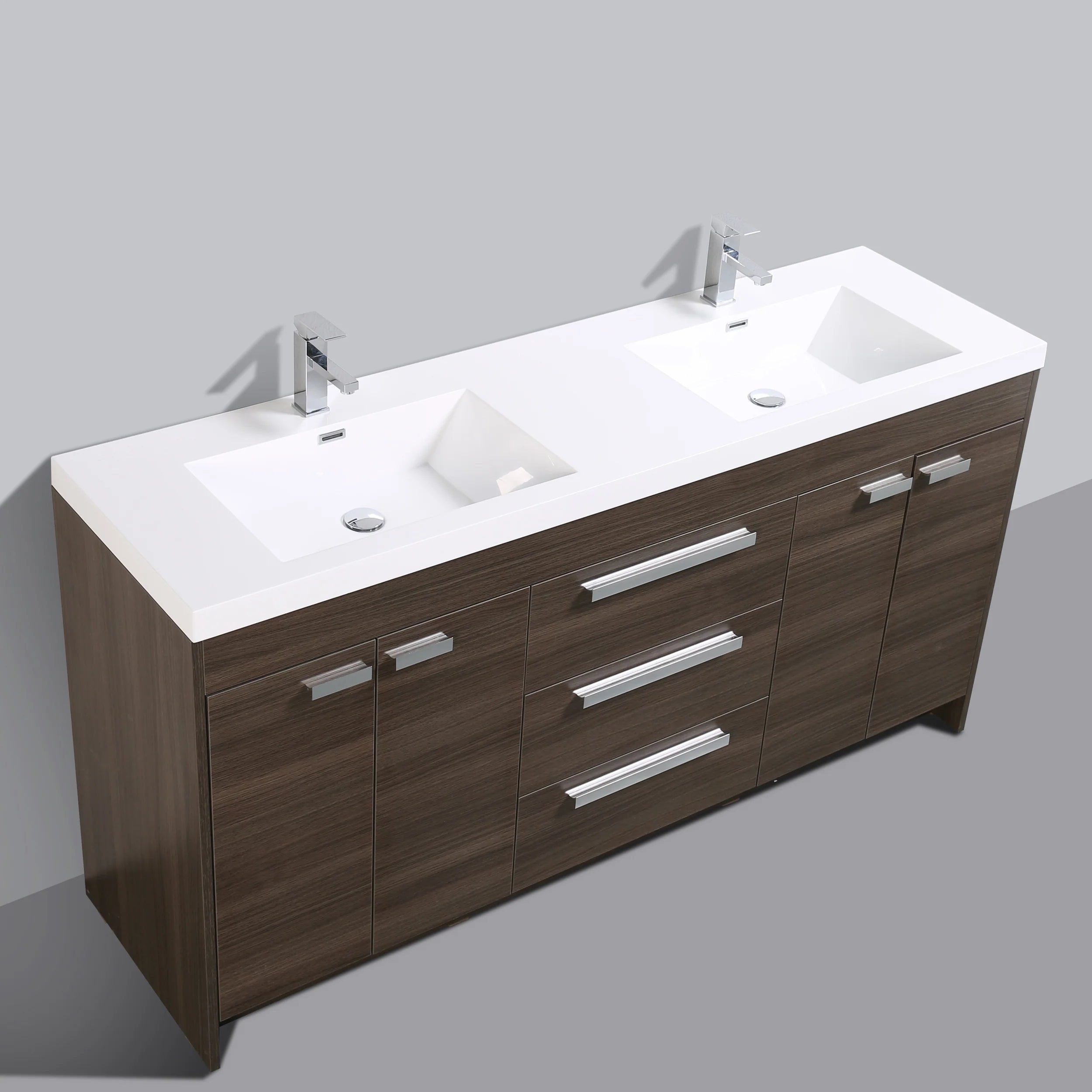 Eviva Lugano 72" Grey Oak Modern Bathroom Vanity with White Integrated Acrylic Double Sink