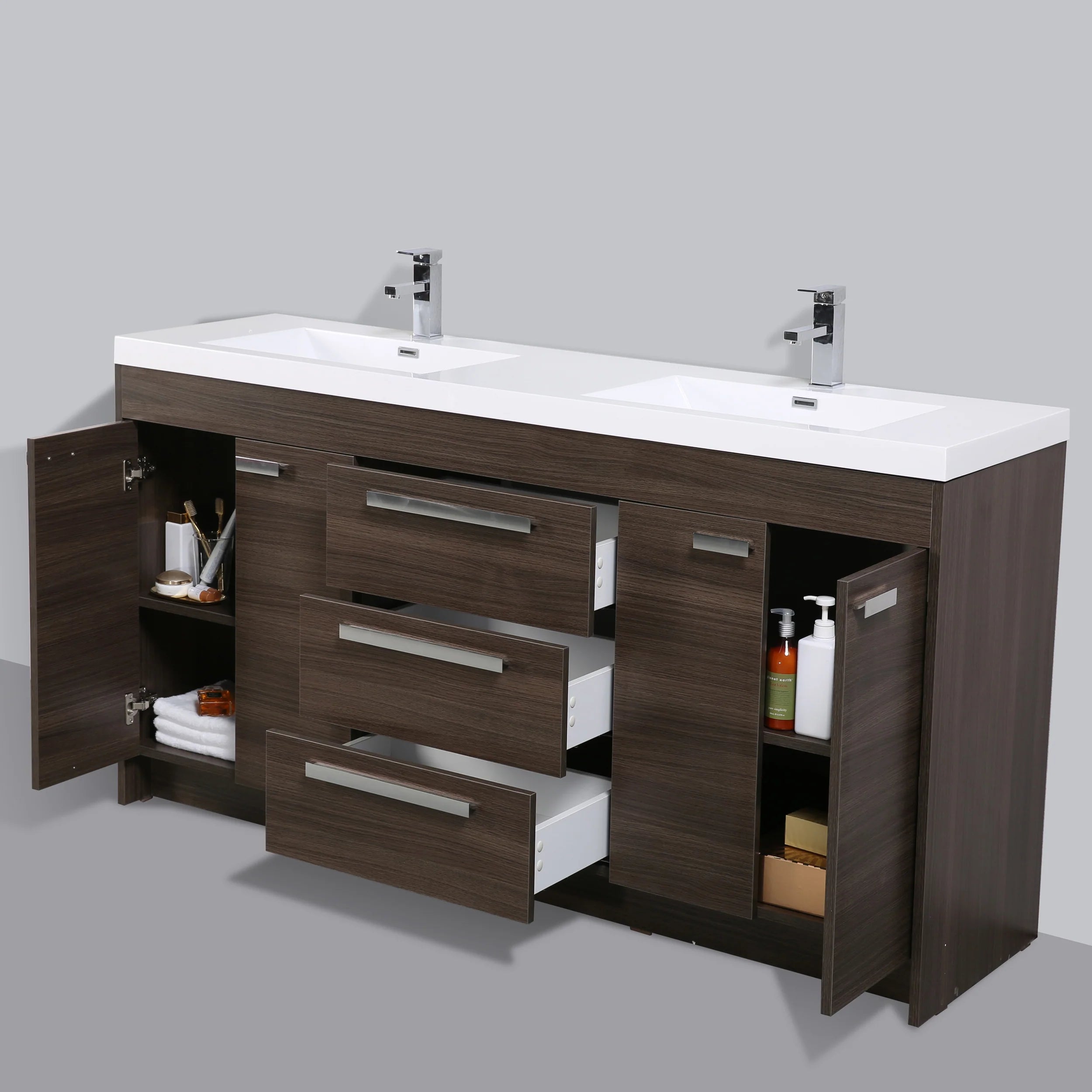 Eviva Lugano 72" Grey Oak Modern Bathroom Vanity with White Integrated Acrylic Double Sink