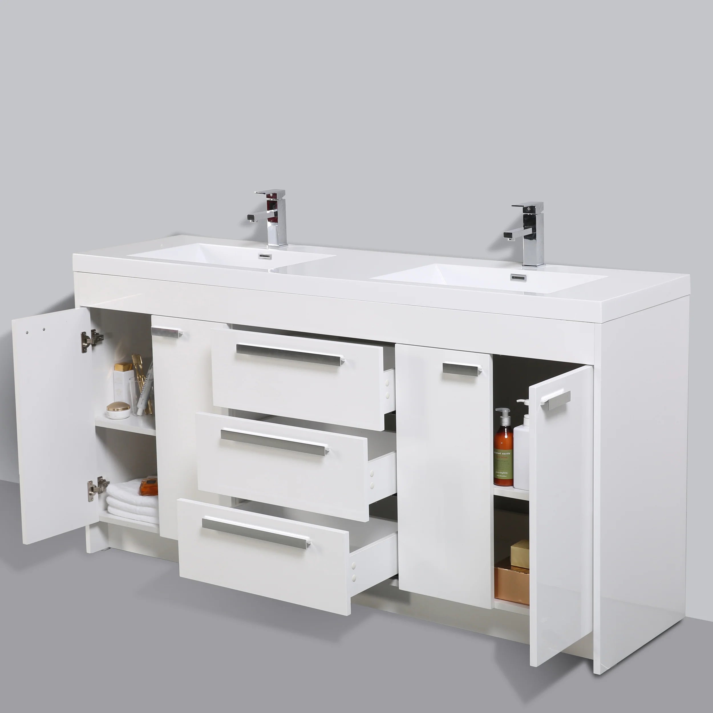 Eviva Lugano 72" Grey Oak Modern Bathroom Vanity with White Integrated Acrylic Double Sink