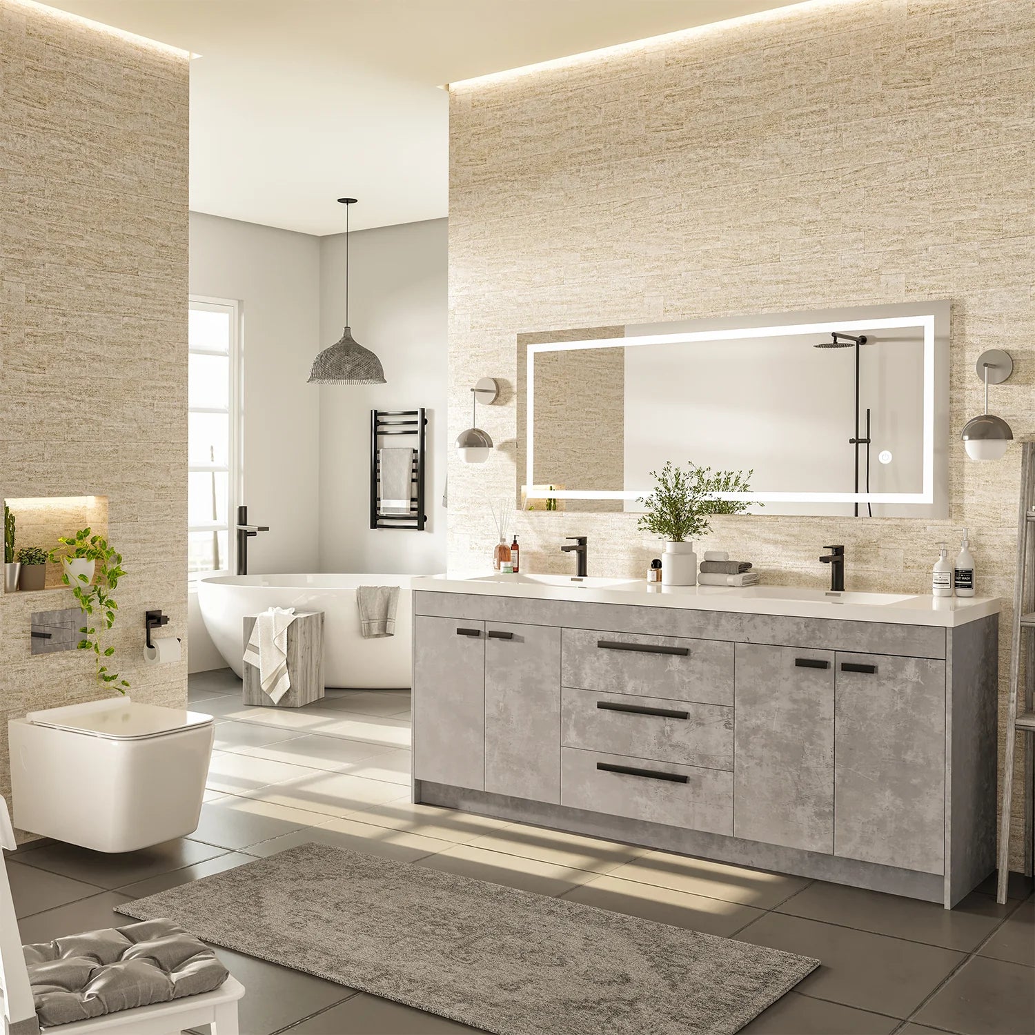 Eviva Lugano 72" Grey Oak Modern Bathroom Vanity with White Integrated Acrylic Double Sink