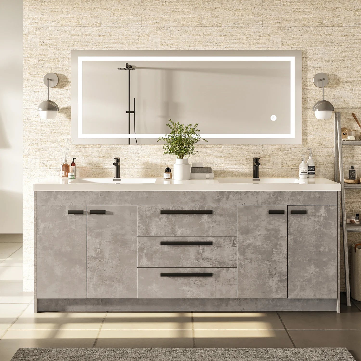 Eviva Lugano 72" Grey Oak Modern Bathroom Vanity with White Integrated Acrylic Double Sink