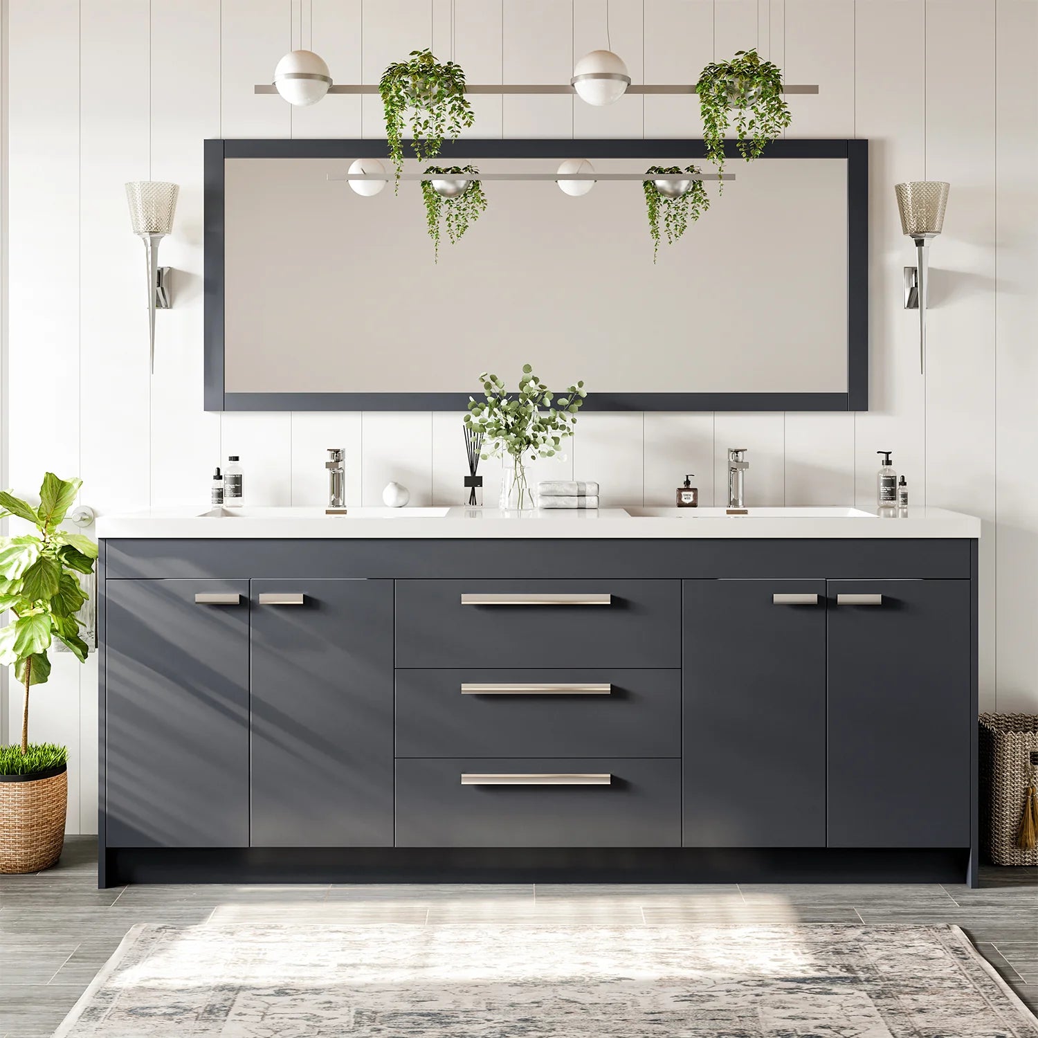 Eviva Lugano 84" Gray Oak Modern Double Sink Bathroom Vanity w/ White Integrated Top