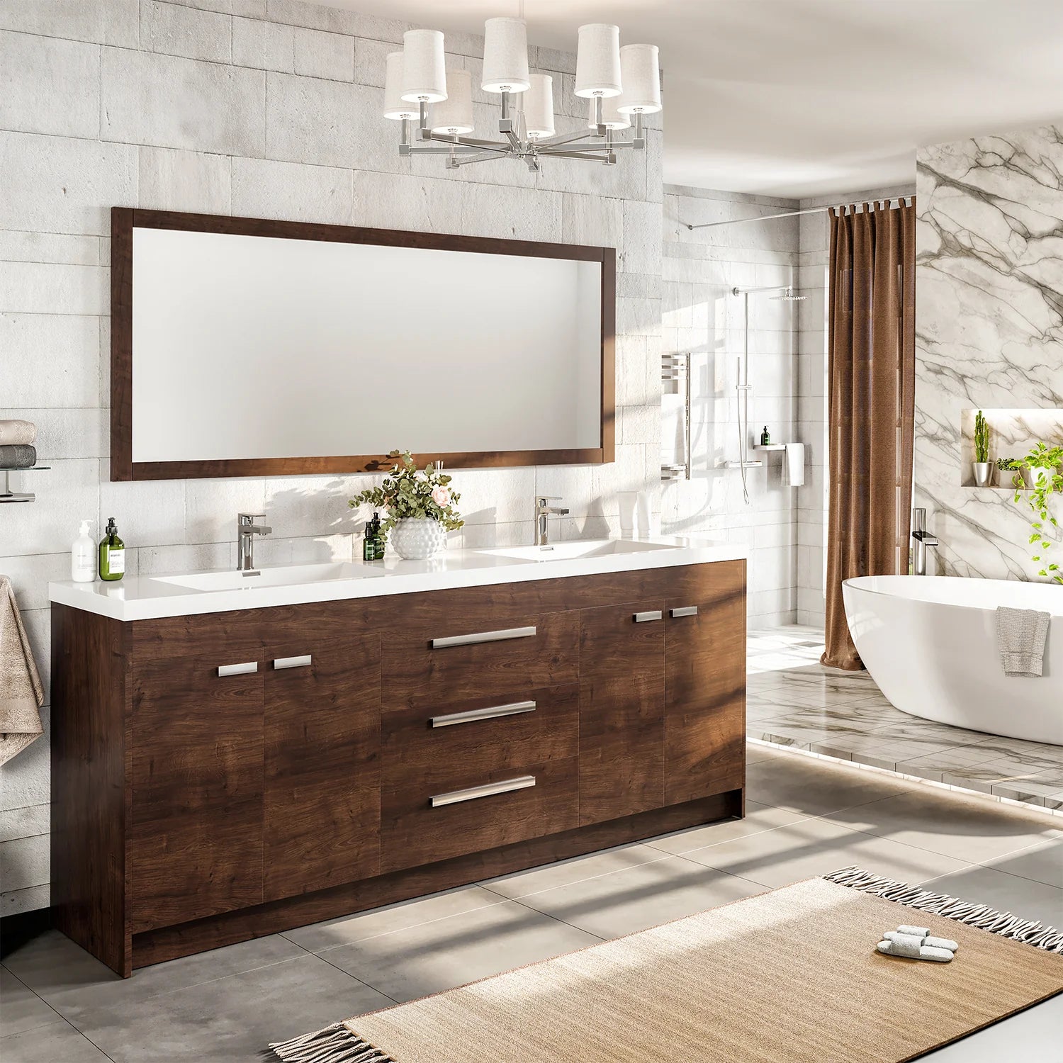 Eviva Lugano 84" Gray Oak Modern Double Sink Bathroom Vanity w/ White Integrated Top