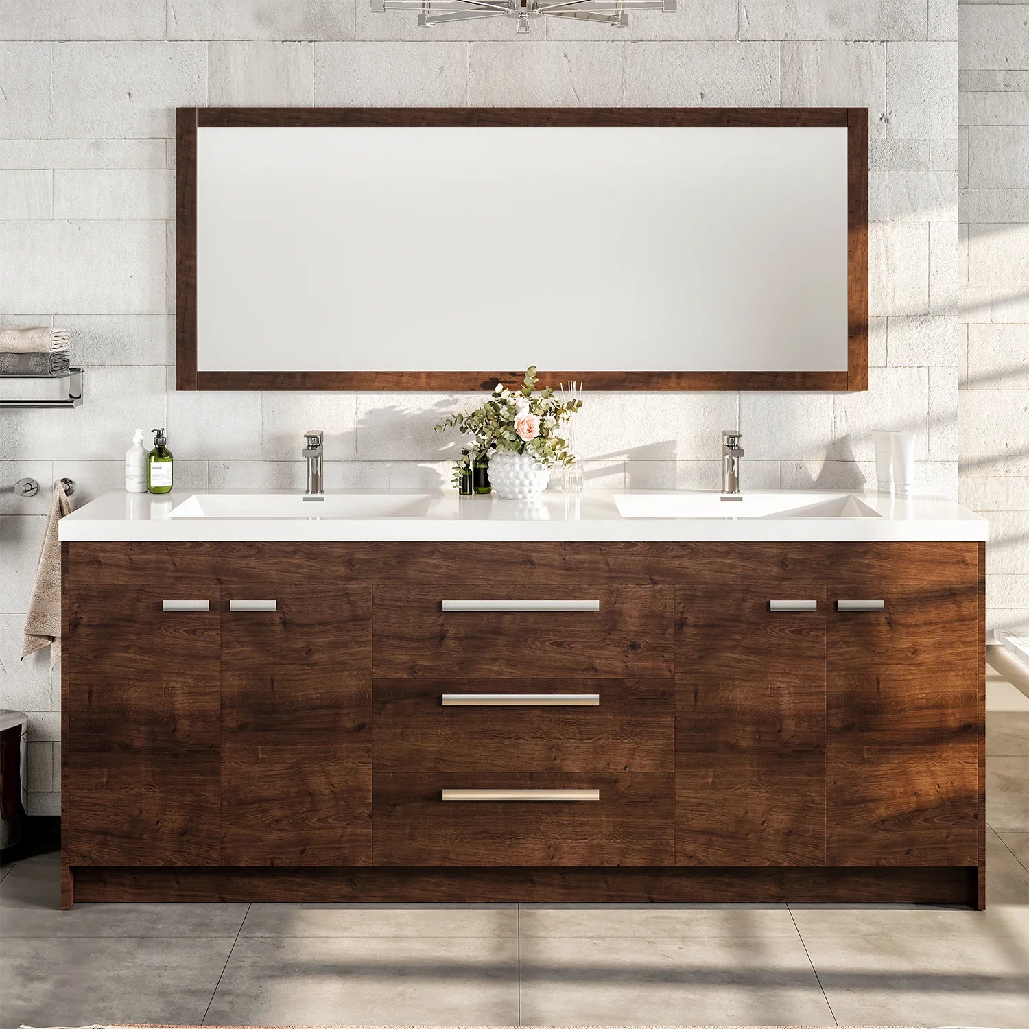 Eviva Lugano 84" Gray Oak Modern Double Sink Bathroom Vanity w/ White Integrated Top