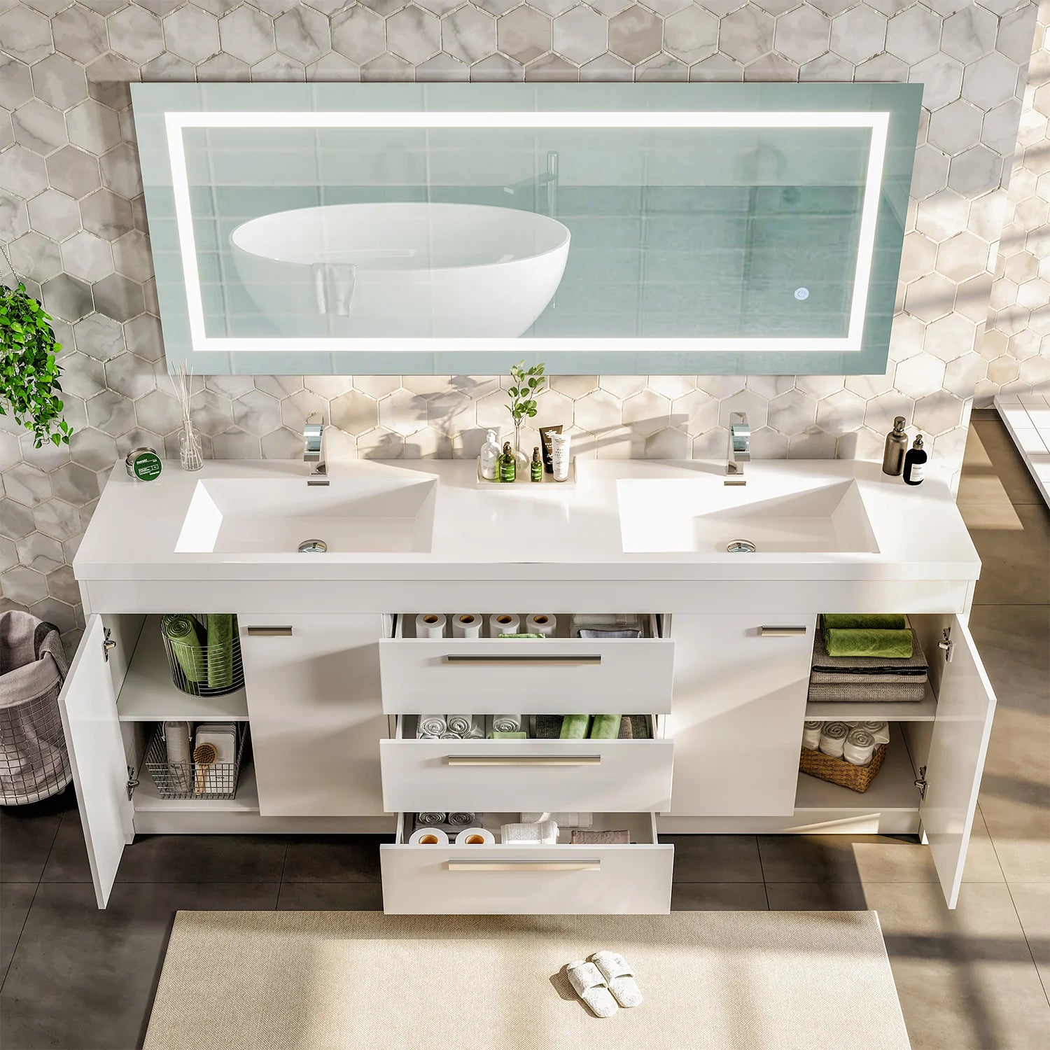 Eviva Lugano 84" White Modern Double Sink Bathroom Vanity w/ White Integrated Top