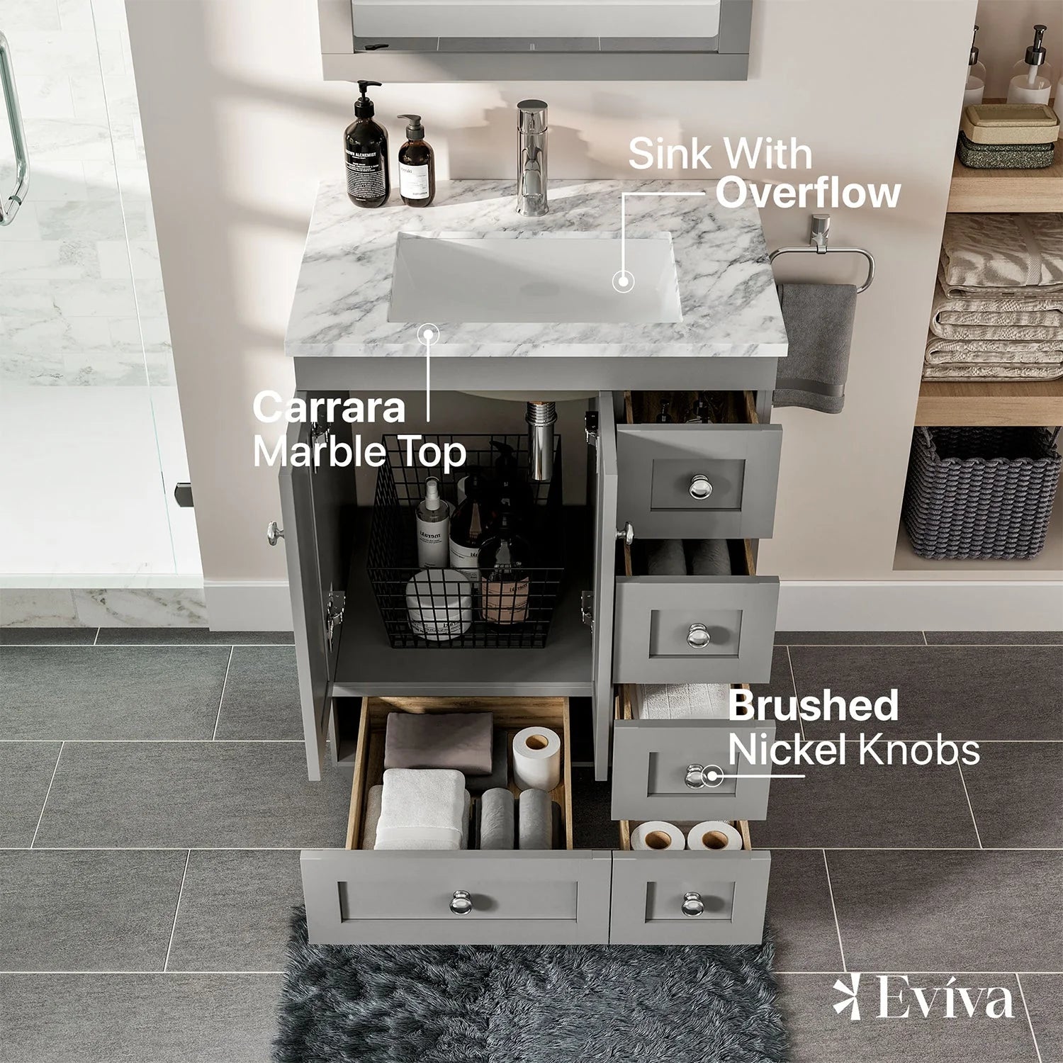 Eviva Happy  24" x 18" Transitional Espresso Bathroom Vanity with white Carrara counter-top