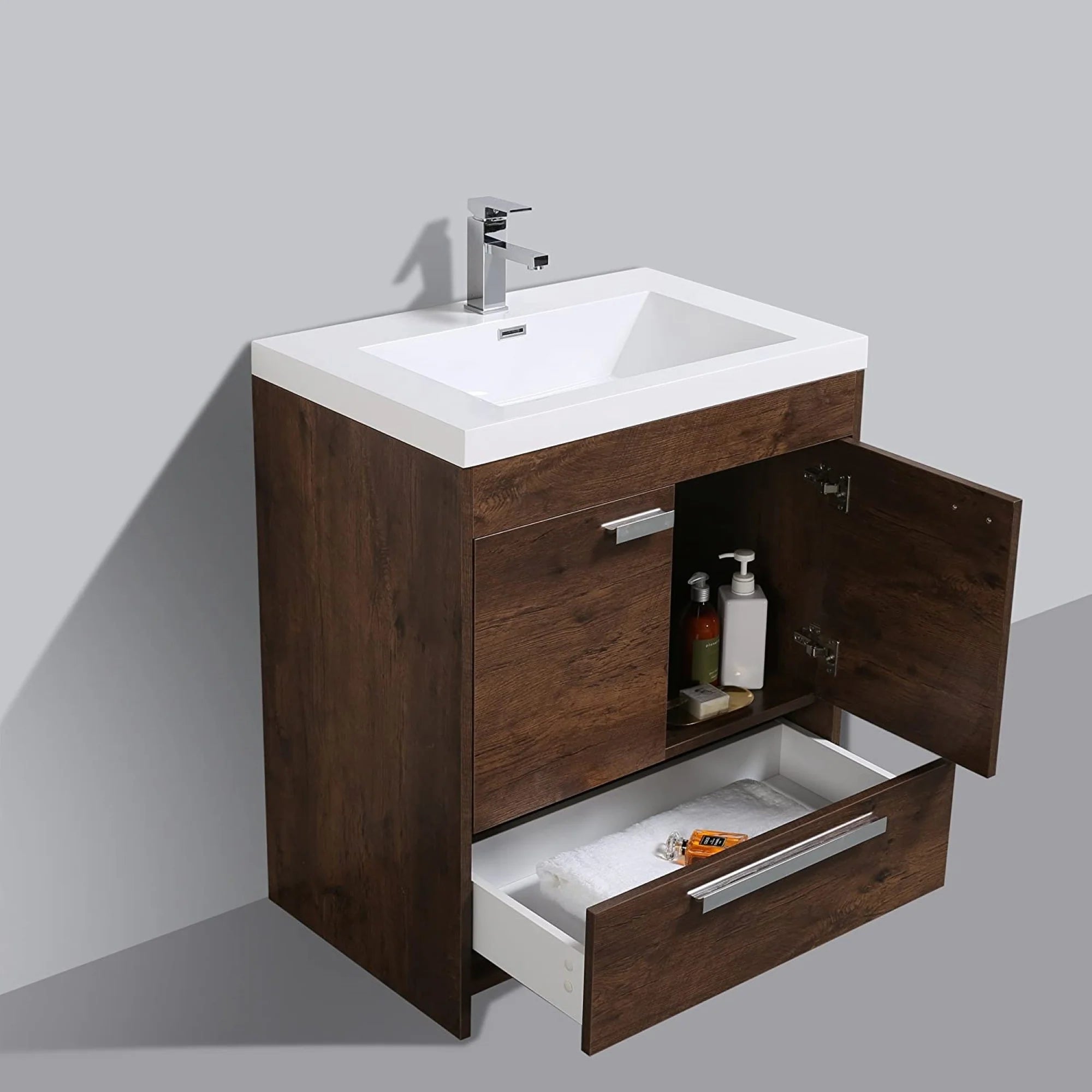 Eviva Lugano Gray/ Rosewood/ White  Modern Bathroom Vanity w/ White Integrated Top