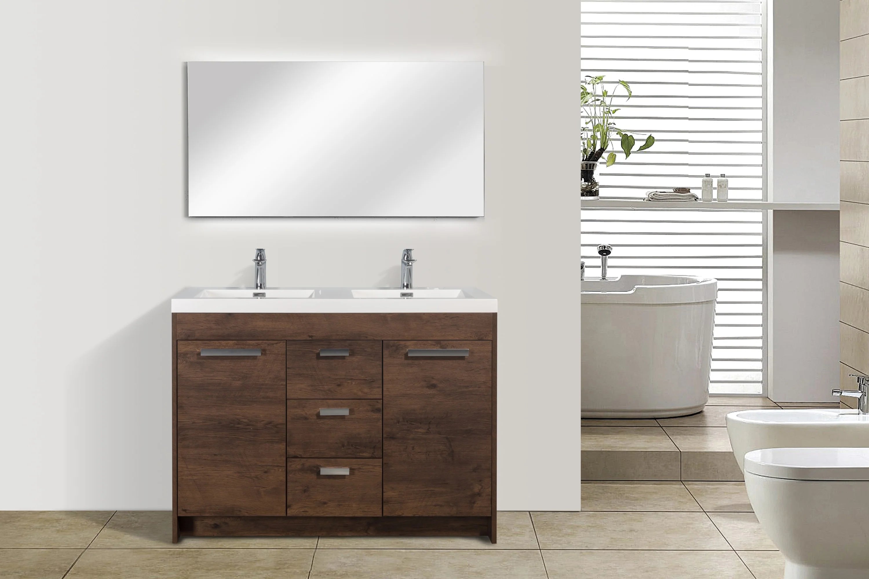 Eviva Lugano 48" Rosewood Modern Double Sink Bathroom Vanity w/ White Integrated Top