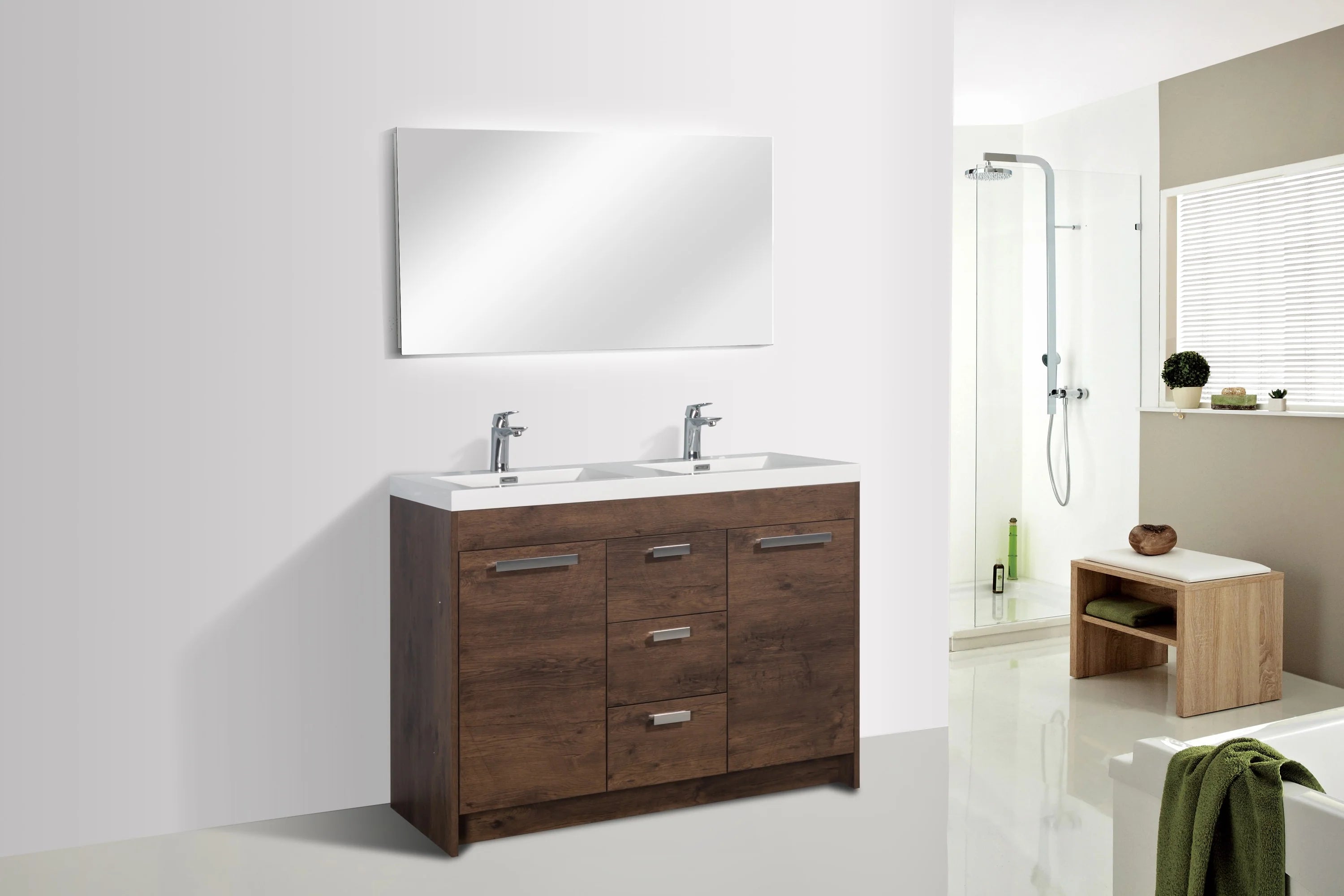 Eviva Lugano 48" Rosewood Modern Double Sink Bathroom Vanity w/ White Integrated Top