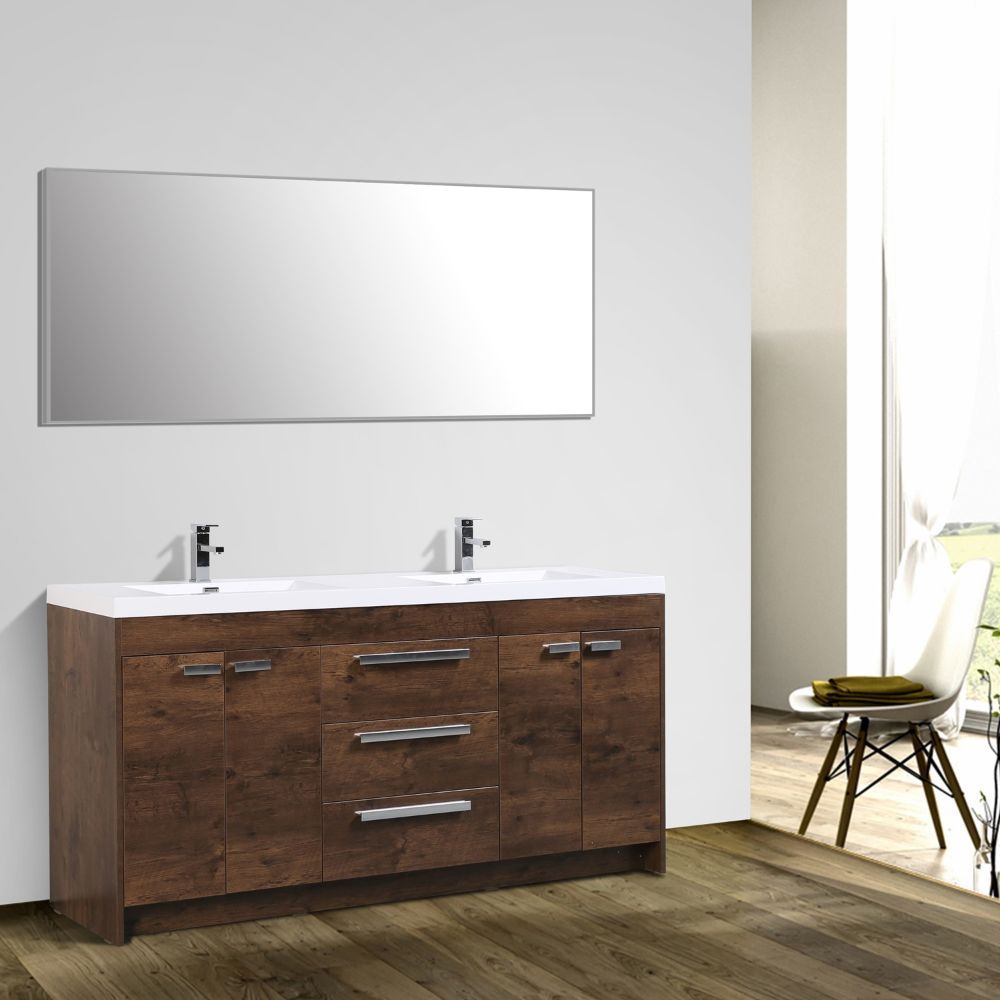 Eviva Lugano 60" Rosewood Modern Bathroom Vanity Wall Mount with White Integrated Acrylic Double Sink