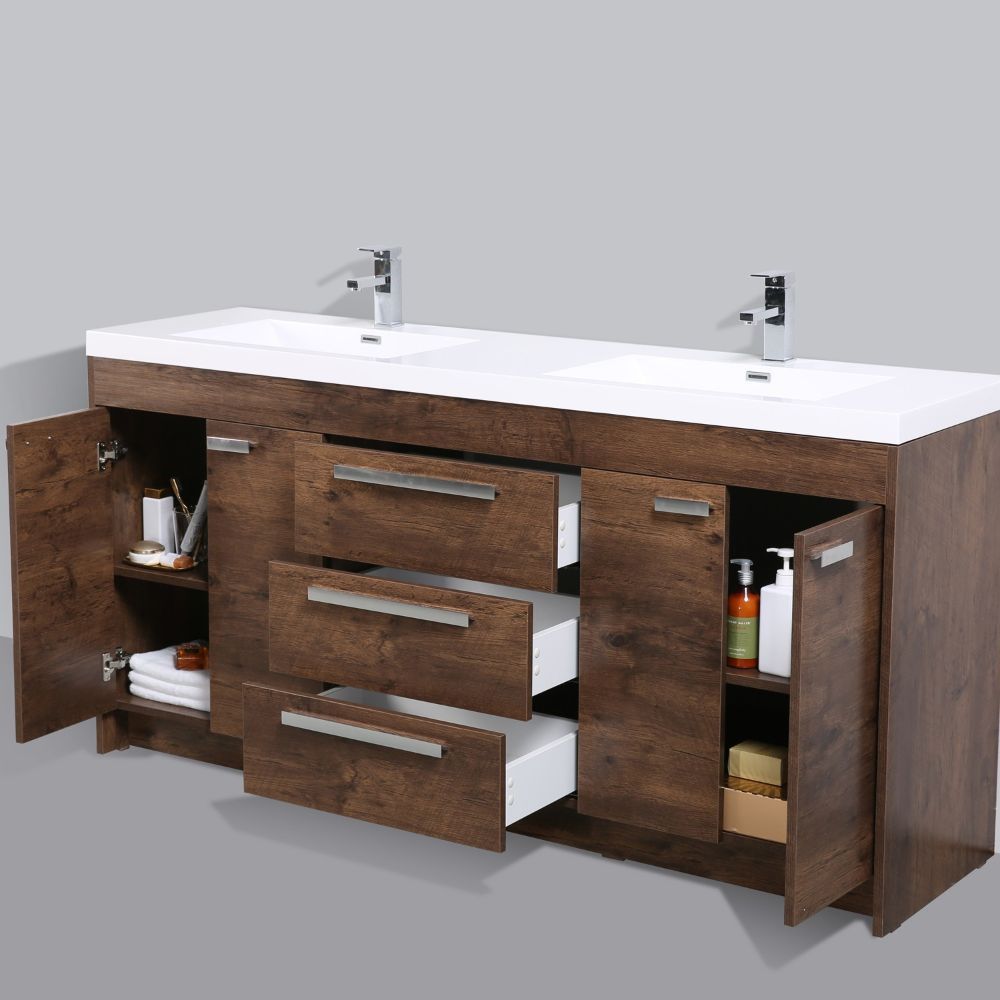 Eviva Lugano 60" Rosewood Modern Bathroom Vanity Wall Mount with White Integrated Acrylic Double Sink